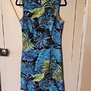 AGB Vibrant Blue and Green Leaf Print Midi Dress